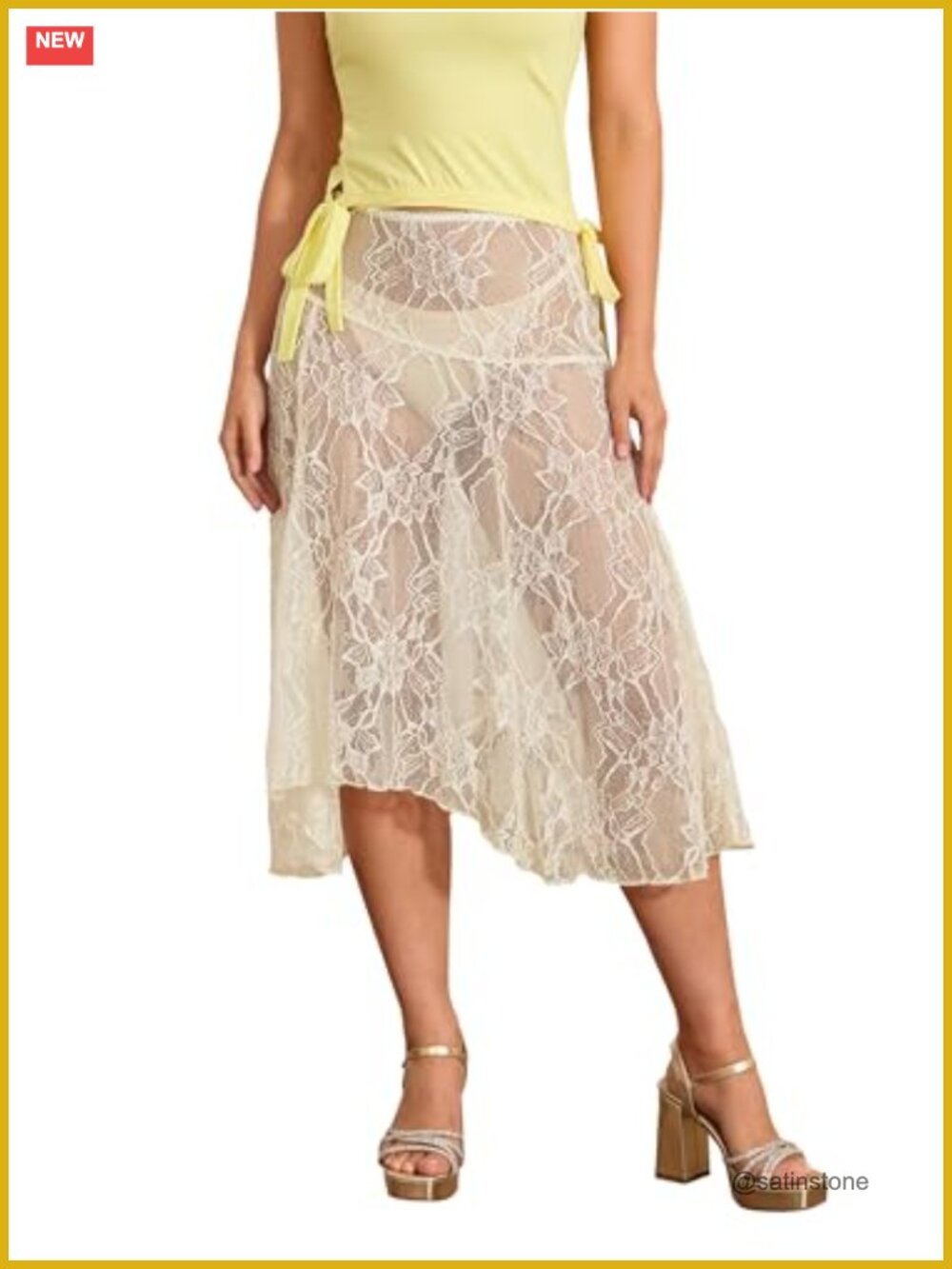 Women's Sheer Lace Midi Skirt Low Rise See Through Flower Irregular Hem Casual